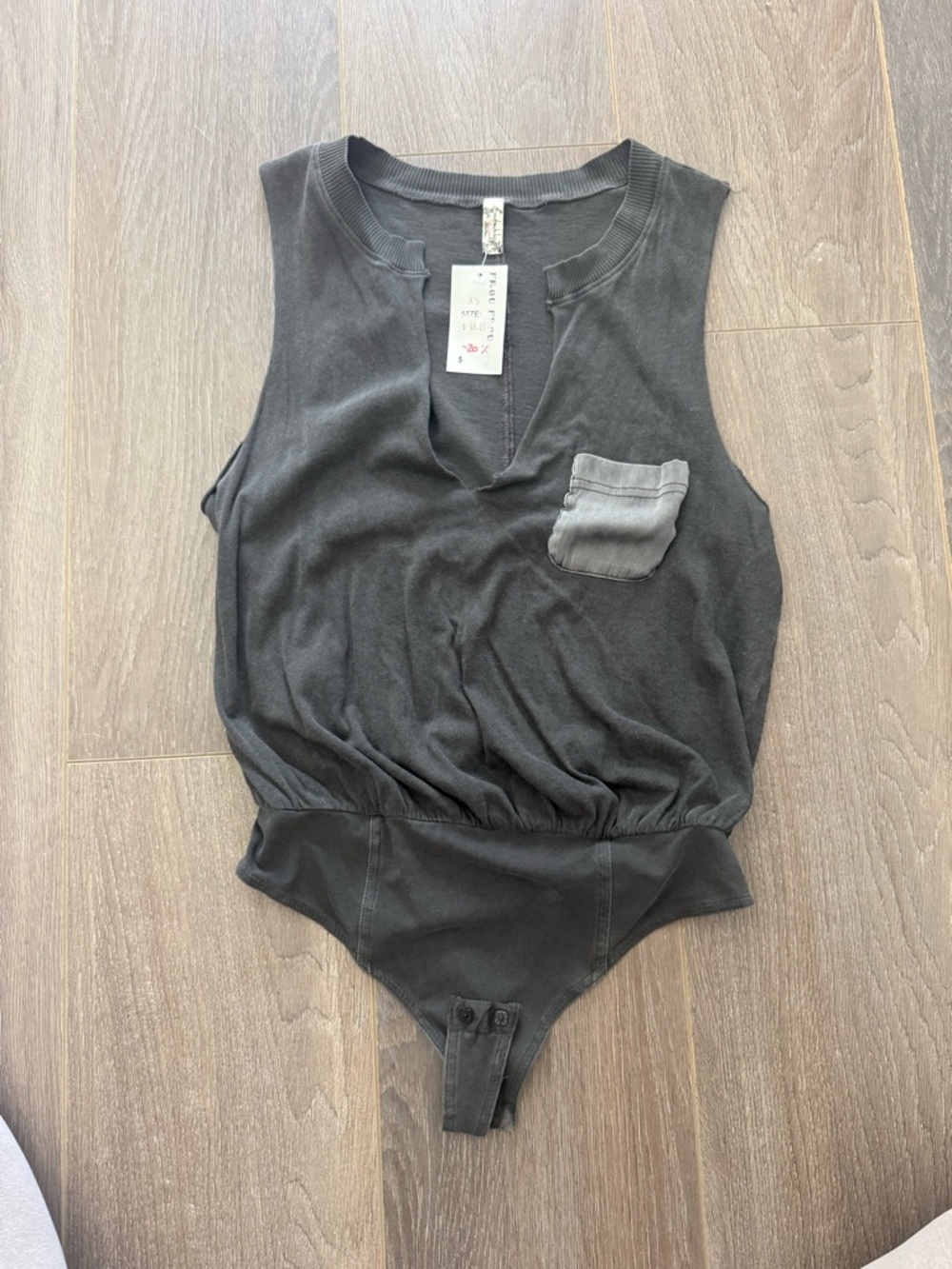 Free People Charcoal Gray Sleeveless Bodysuit with Chest Pocket
